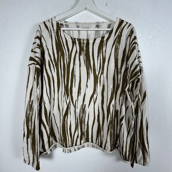 Garnet Hill Womens Silk Cotton Abstract Knit Sweater Large Olive White Pullover - Picture 1 of 9